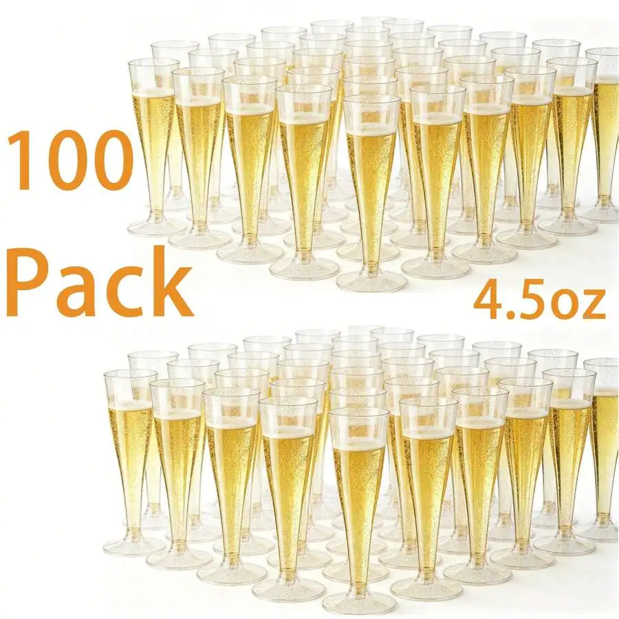 100 Pack 4.5 Oz Disposable Plastic Champagne Flutes, Gold Rim/ Gold Glitter Stem Wine Glasses, Bulk Elegant Toasting Glasses Coc