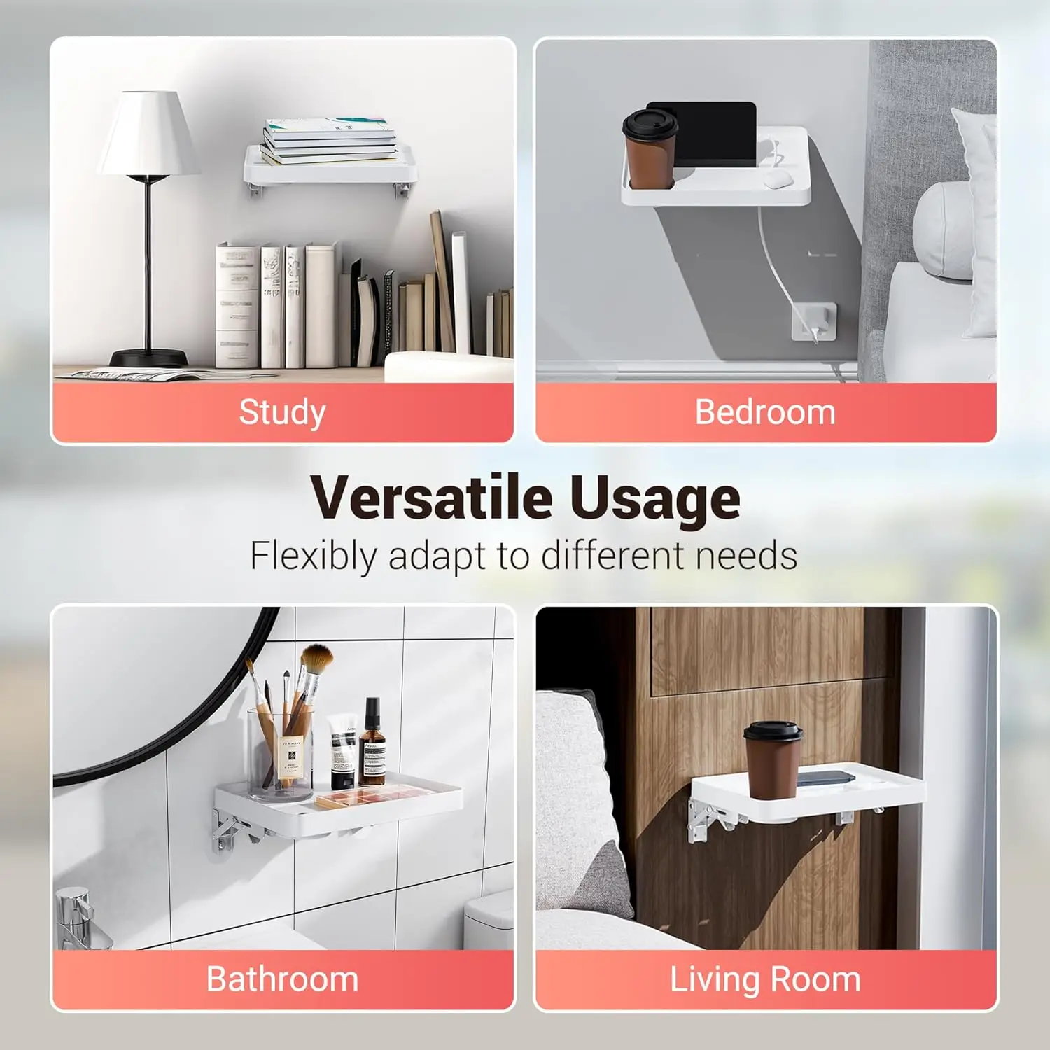 Prateleira de cabeceira autoadesiva dobrável, prateleira organizadora de parede para quarto, berçário, banheiro, livros, dormitório