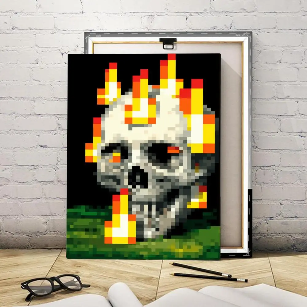 Vibrant Pixel Skull & Flames Framed Wall Painting Canvas Art Poster Solid Wood Frame for Room Living Home Decor Gift