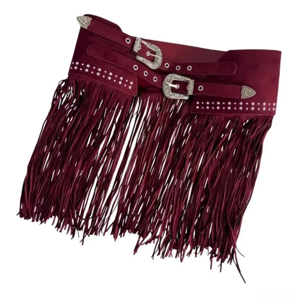 Hot Sale Soft Matte Look Western Waist Belt Extra Wide Suede Material Fringe Waist Belt Rivet Decor Skirt Belt For Women