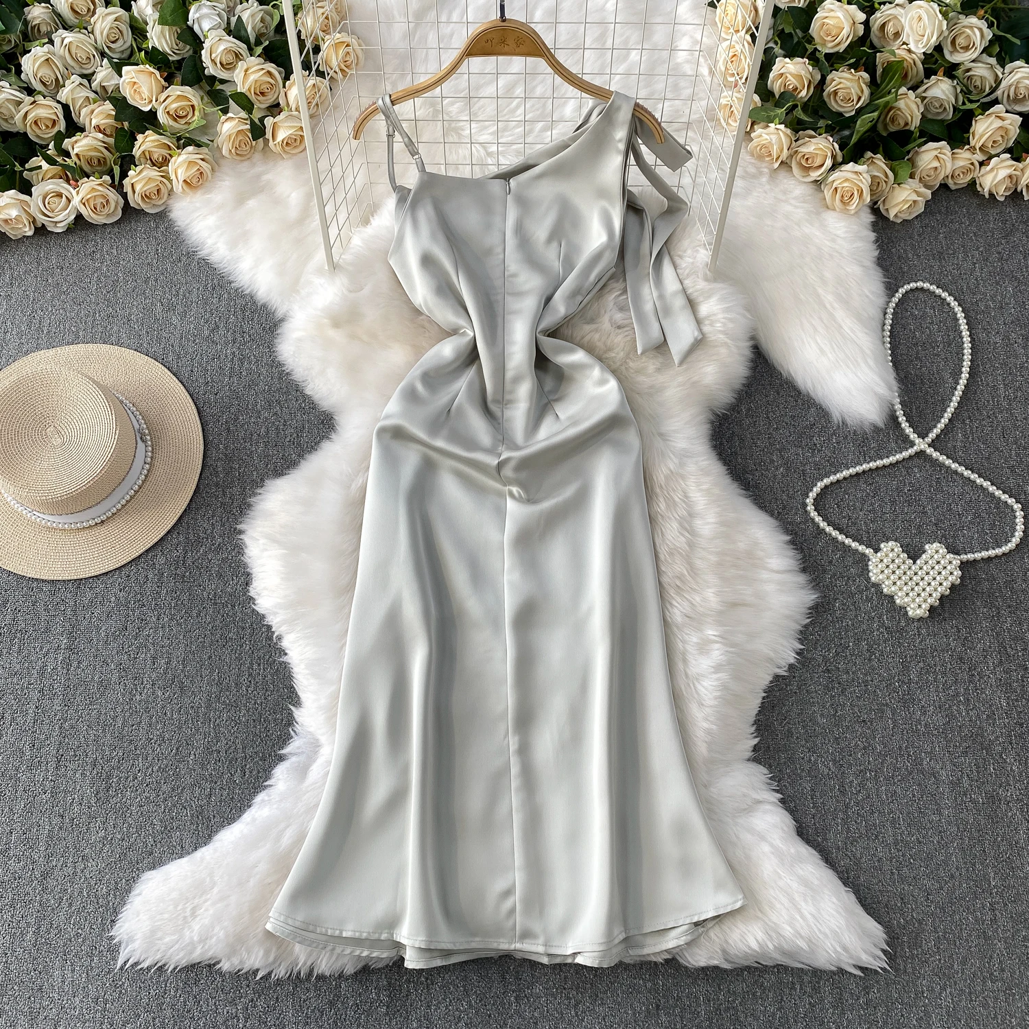 세련된 나비 슬림 새틴 하이 웨스트 이브닝 파티 롱 드레스 여성 하이 스트리트 행사 드레스