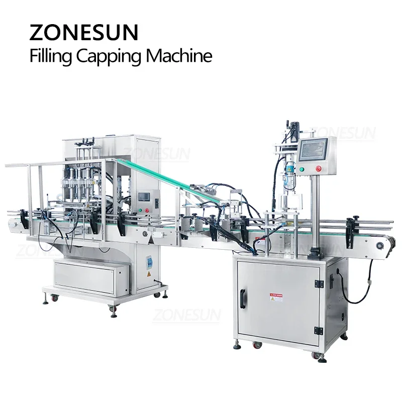 ZONESUN Automatic Customized Paste Liquid 4 Nozzles Filling and Irregular Bottle Caps Capping Machine Production Line