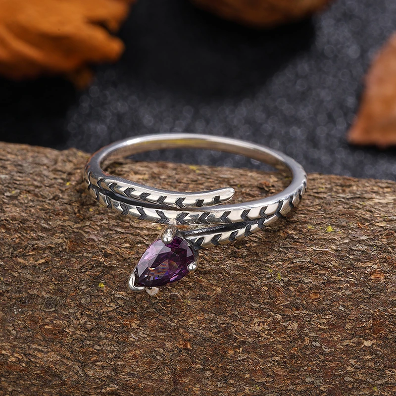 Creative and Personalized Authentic S925 Silver Water Drop Purple Snake Pattern Hip Hop Ring