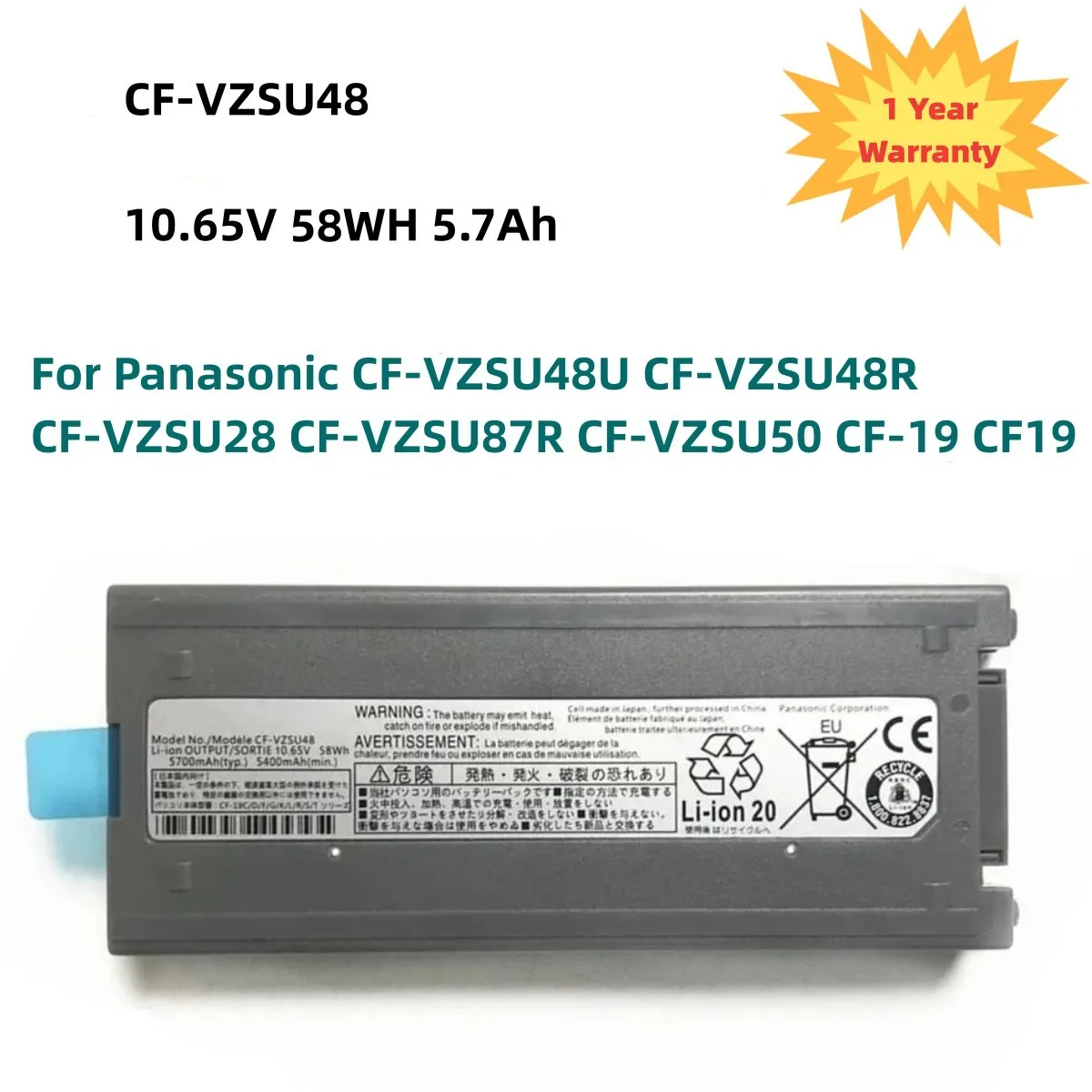 

10.65V 58WH CF-VZSU48 Laptop Battery For Panasonic CF-VZSU48U CF-VZSU48R CF-VZSU28 CF-VZSU87R CF-VZSU50 CF-19 CF19 Toughbook