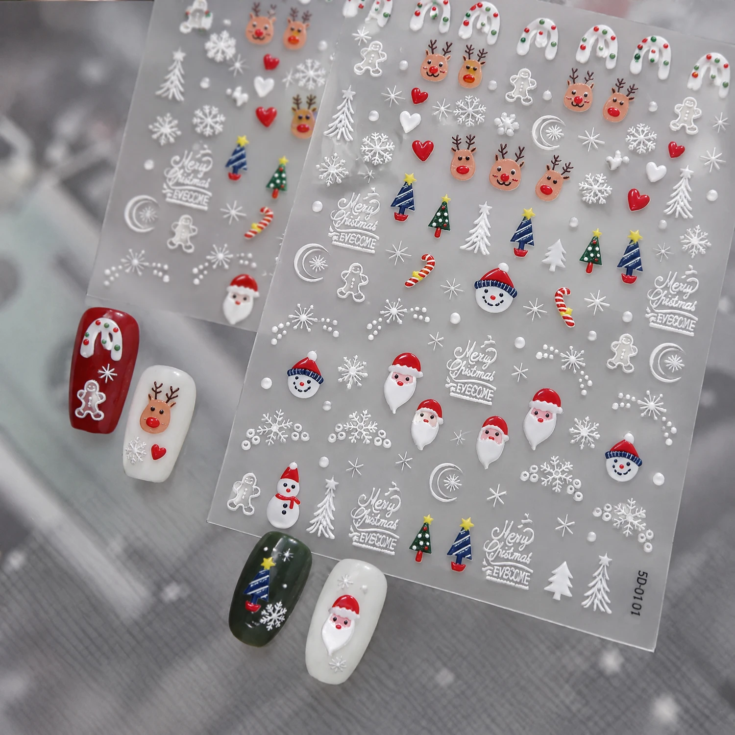 5D Embossed Cartoon Christmas Nail Art Stickers Self Adhesive Santa Reindeer Penguin Bear Monkey Cute Xmas Manicure Slider