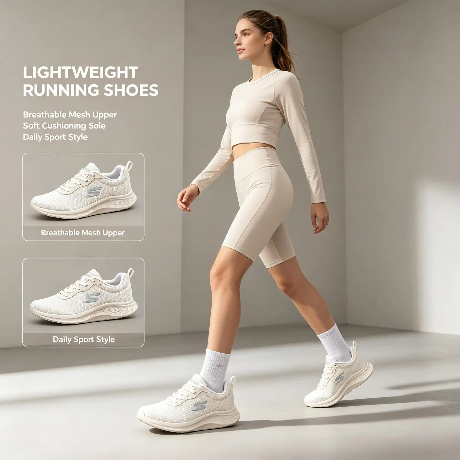 Skechers Off-White Mesh Running Sneakers Lightweight Breathable Knit Upper Blue Logo Shoes for Daily Walking Jogging Training