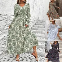 2024 Amazon Best Selling Women's Fashionable Versatile Dress Long Sleeve V-Neck Printed Autumn Hot Selling Clothing