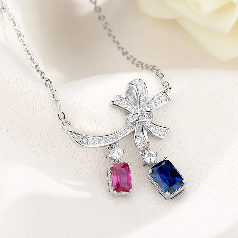 

Women's Bowknot Pendant Necklace with Rectangle Pink Green Yellow Cubic Zirconia Adjustable 45+5cm Chain Party Gift Jewelry