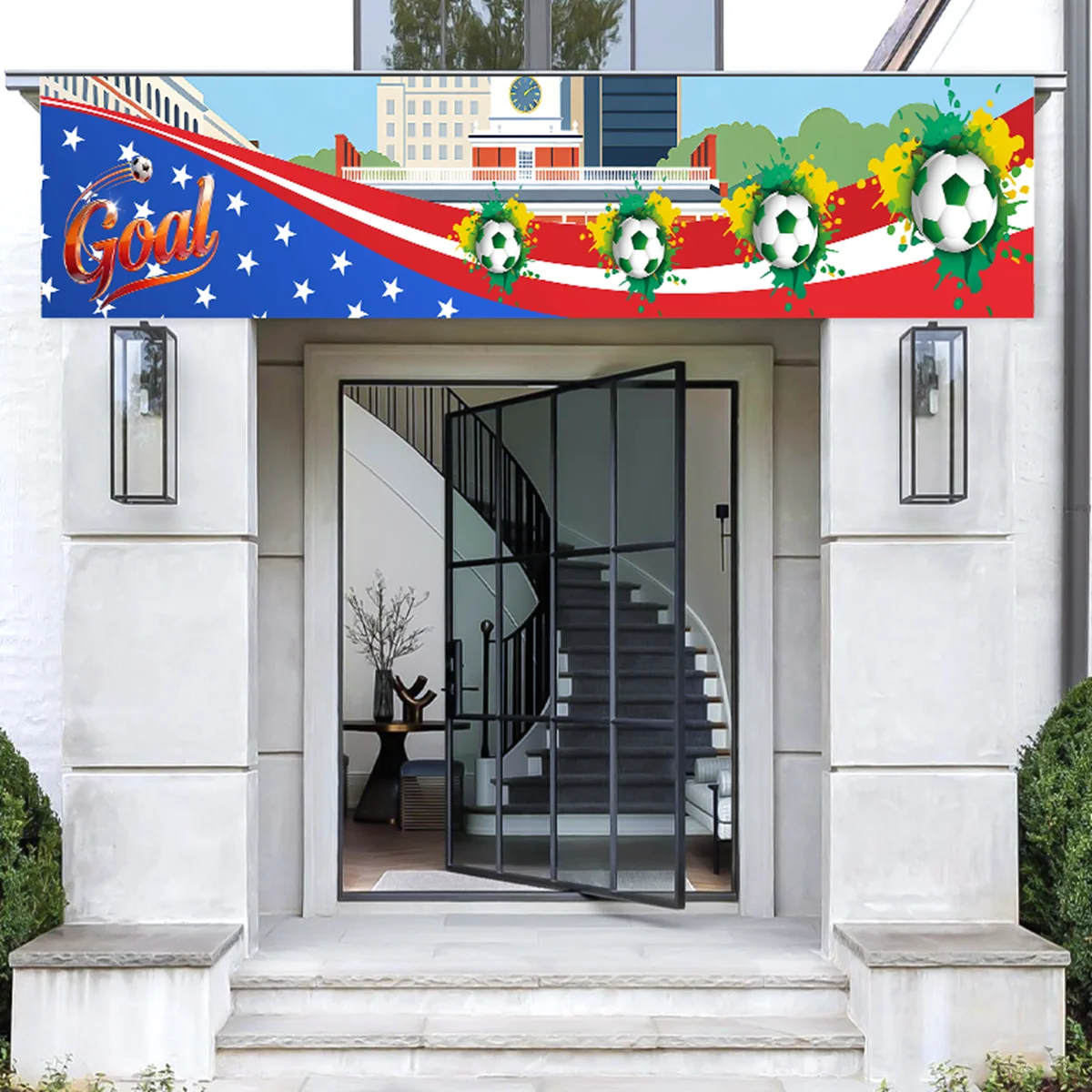 1 pieza de pancarta temática de fútbol de 200 × 40 cm (material de poliéster) - Adecuada para fiestas de visualización de la Copa Mundial, reuniones de aficionados, decoración de patio/garaje/balcón, creación de ambiente de evento, bandera decorativa colgante con temática de fútbol americano/canadiense/mexicano