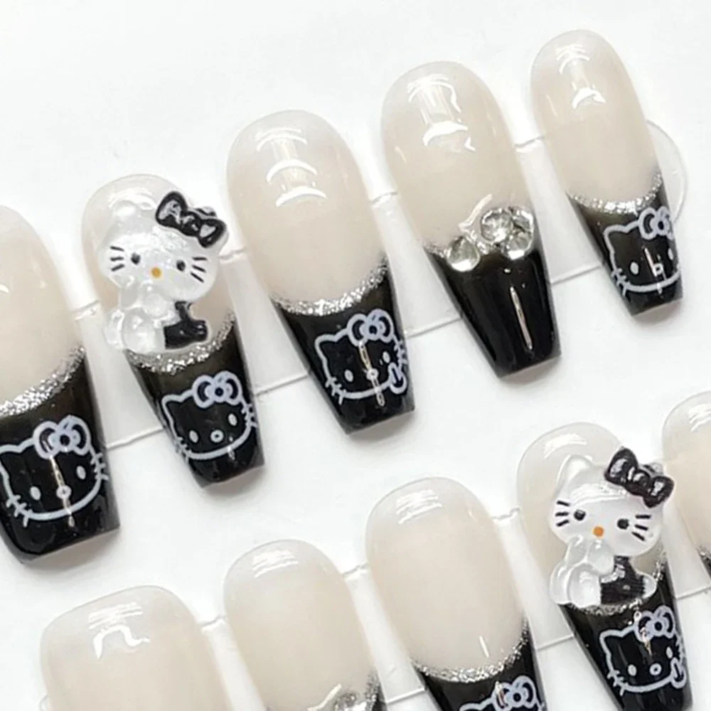 Mode schattige zwarte sticker Hello Kitty cartoon afneembaar handwerk vingernagel meisje accessoire nep nagels decoratie festivals cadeau