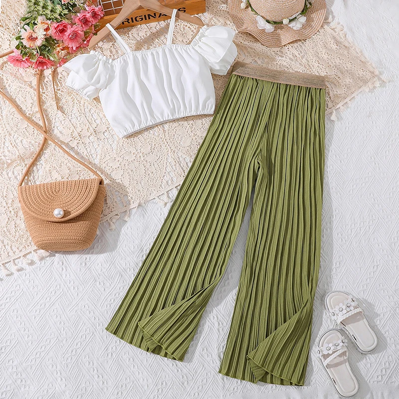 Girls 2 Piece Summer Set Off Shoulder Ruffle Trim Tops with Spaghetti Strap Elastic Waist Pleated Long Pants Kids Clothes