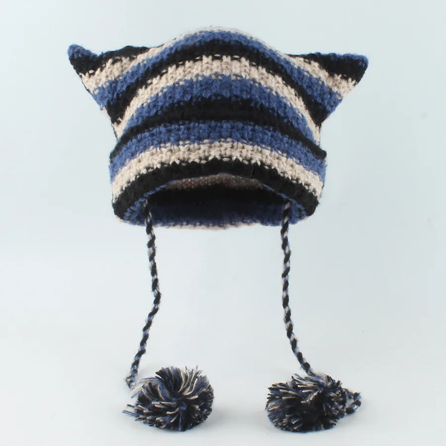 Japanese Y2K Cute Black White Striped Cat Ears Wool Hat Women Autumn Winter Warm Little Devil Hanging Ball Knitted Beanie Hat
