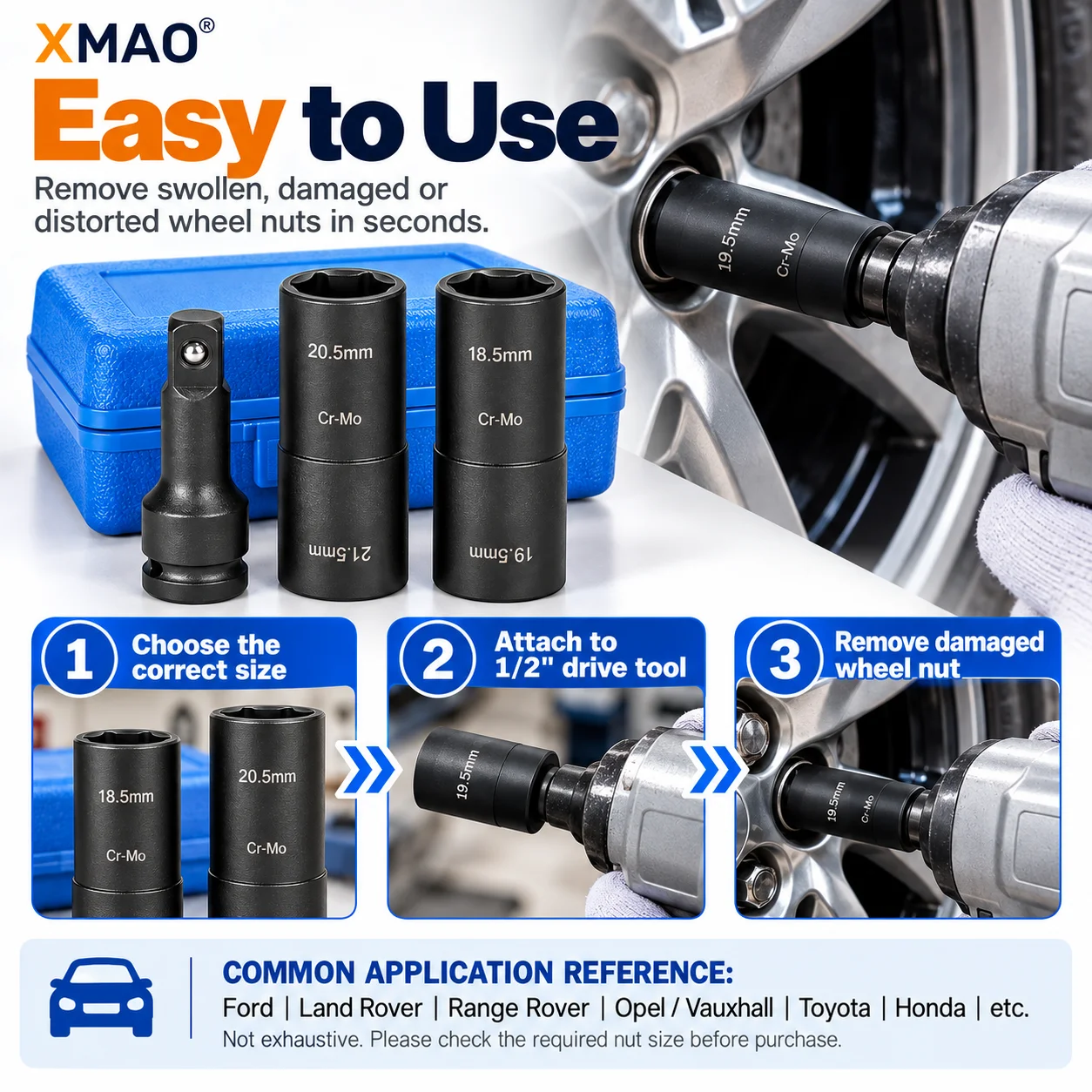 XMAO 18.5/19.5 20.5/21.5mm Double Ended Lug Nut Socket Set 1/2in Drive Cr-Mo Impact Wheel Nut Remover for Ford Land Rover