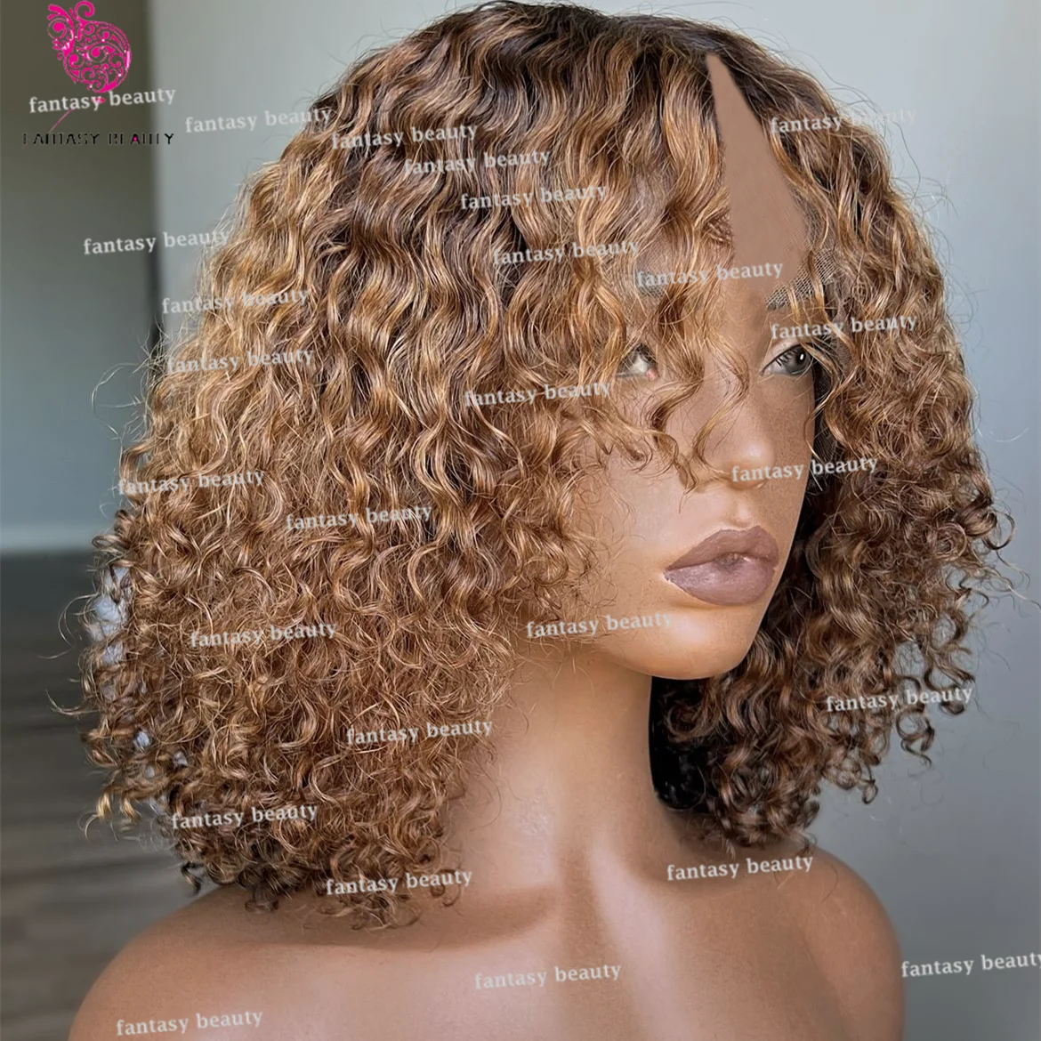 Ombre Honey blonde V Part human hair kinky Curly  wigs 100% Human Hair wig 1 x 4 Open Lace Brown U Part wig 250 density Full End