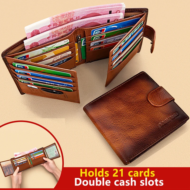 Men's Genuine Leather Wallet First Layer Cowhide Button Multi Card Slot Slim Wallet with Driver License Holder