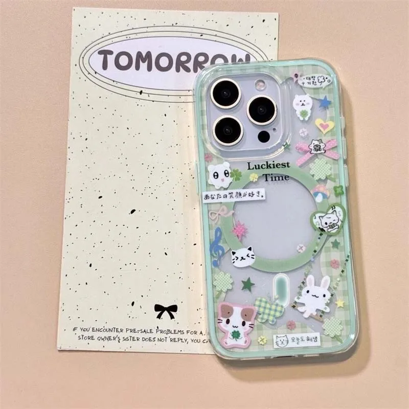 Magnetische Handyhülle mit Karomuster, vierblättrigem Kleeblatt und Katzenmotiv, inklusive magnetischer Halterung für iPhone 12, 13, 14, 15, 16, 17, 18 Pro Max. – Detail 5