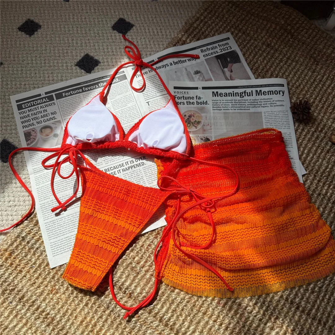 Rosa 3-teiliger Bikini mit Rock, Farbverlauf, Damen-Badebekleidung, Badeanzug, dreiteiliges Bikini-Set, gepolsterter Badeanzug, Badebekleidung, Schwimmbekleidung V6696 – Detail 18