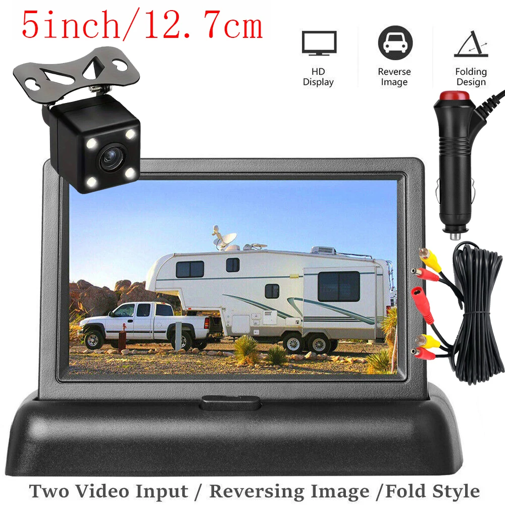 

Foldable Car Monitor 5 Inch TFT LCD Screen HD Parking Monitor 2-channel Video Input Night Vision with Backup Camera