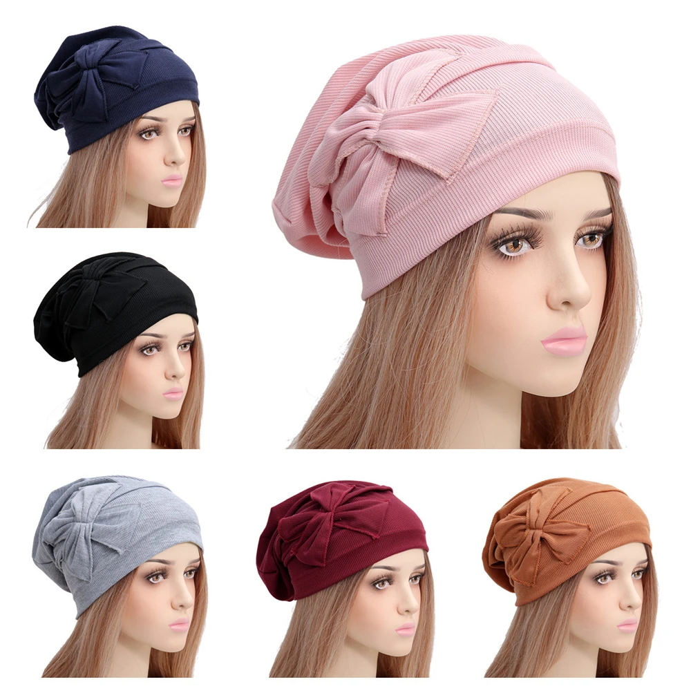 

Muslim Solid Bonnet Womens Big Bowknot Stretch Hijab Turban Hat Scarf Headwear Cap Head Wrap Chemo Beanies Bows Hair Accessories