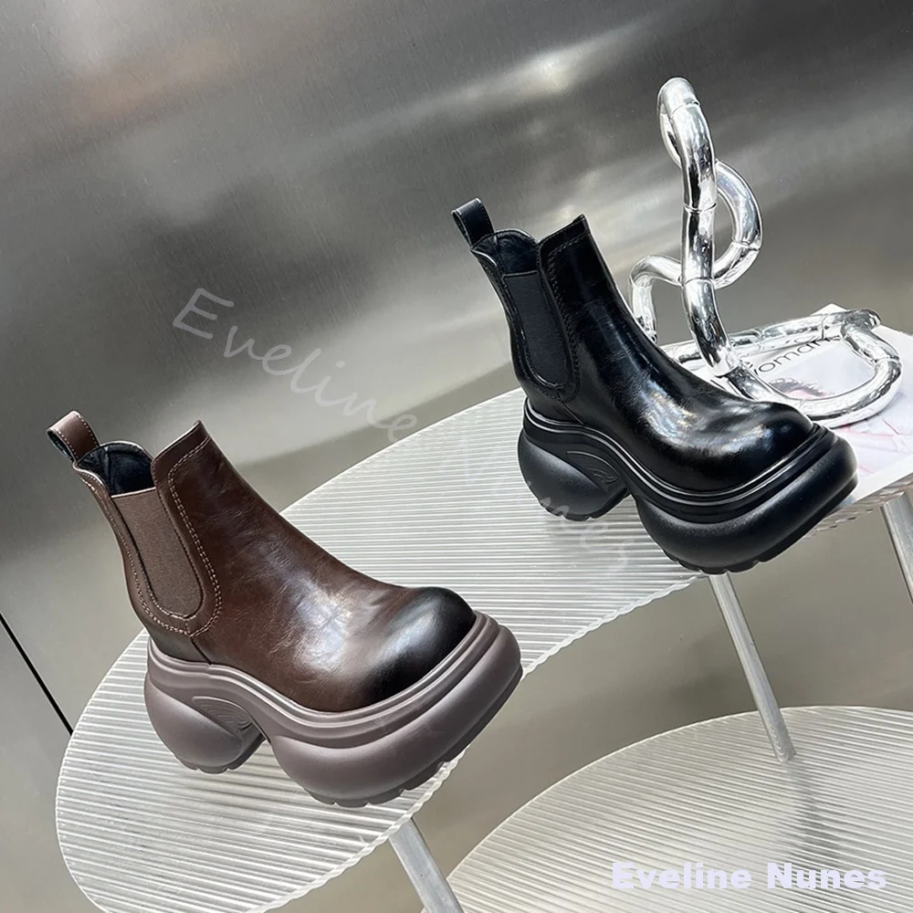 Height Increasing Chelsea Boots Women New Round Toe Genuine Leather Platform Slip On Ankle Boots 2026 Retro Fashion Solid Boots view 2
