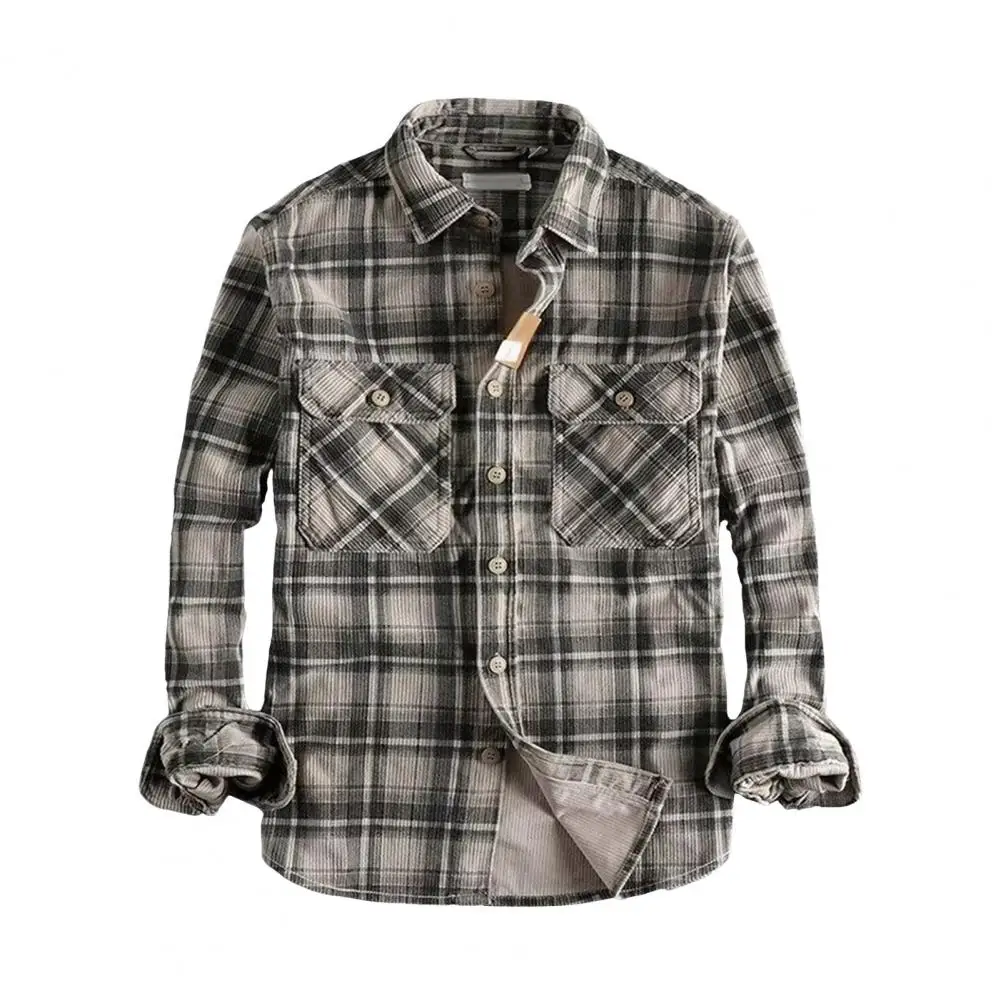 Spring Fall Men Shirt Plaid Print Single-breasted Long Sleeves Retro with Chest Pockets Mid Length Cardigan Top