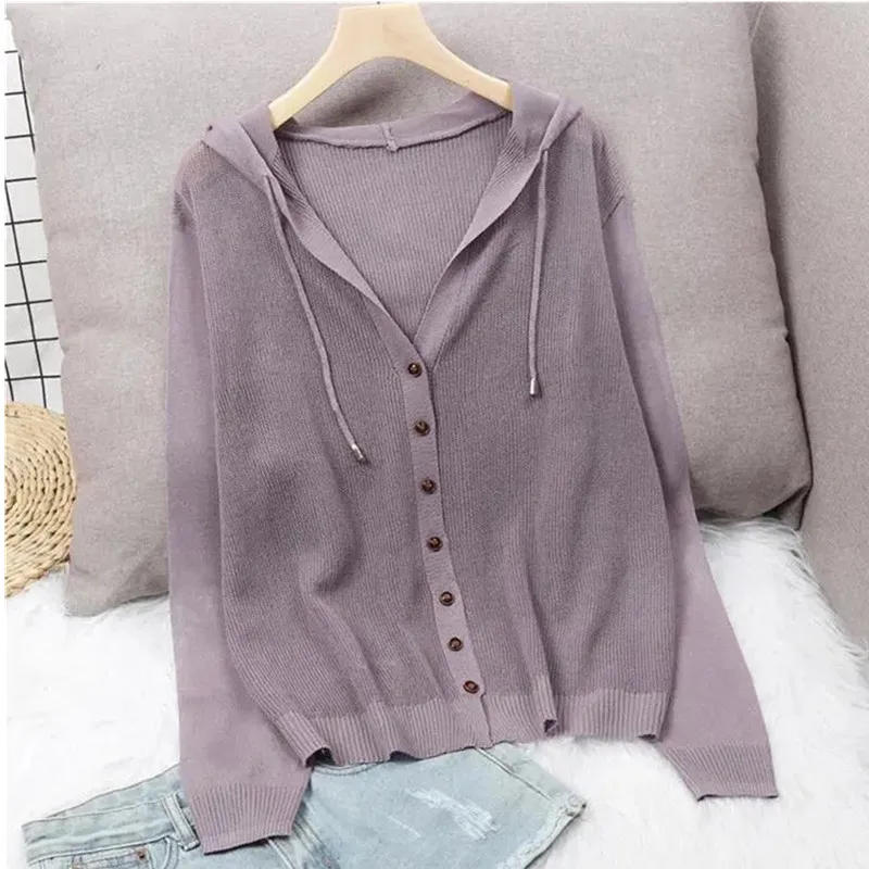 2024 New Summer Short Knitted Cardigan Coat Women\'s Hooded Top Ladies Solid Color Button Sun Protection Thin Outdoor Outwear