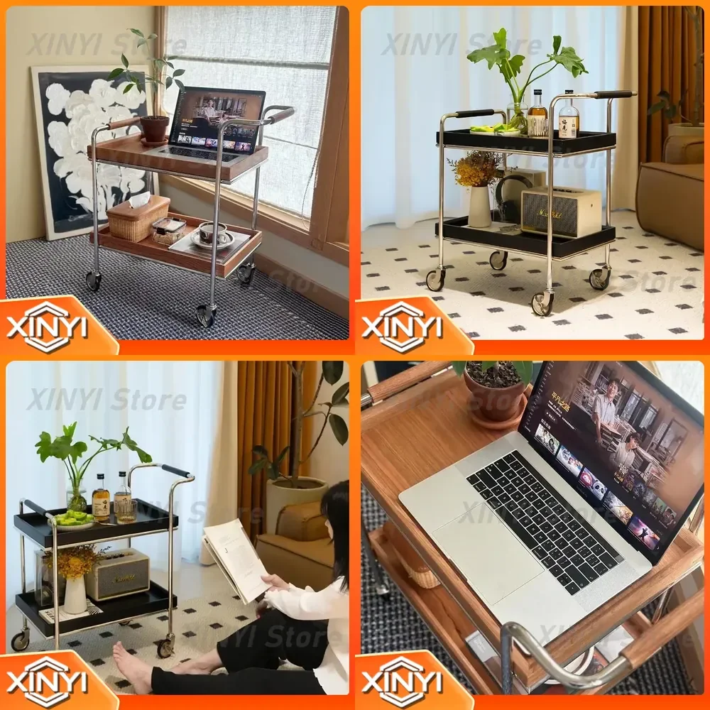 Mid-century Modern Solid Wood Tea Table for Living Room Bedroom Kitchen Rolling Trolley with Wheels Storage Organizer Home