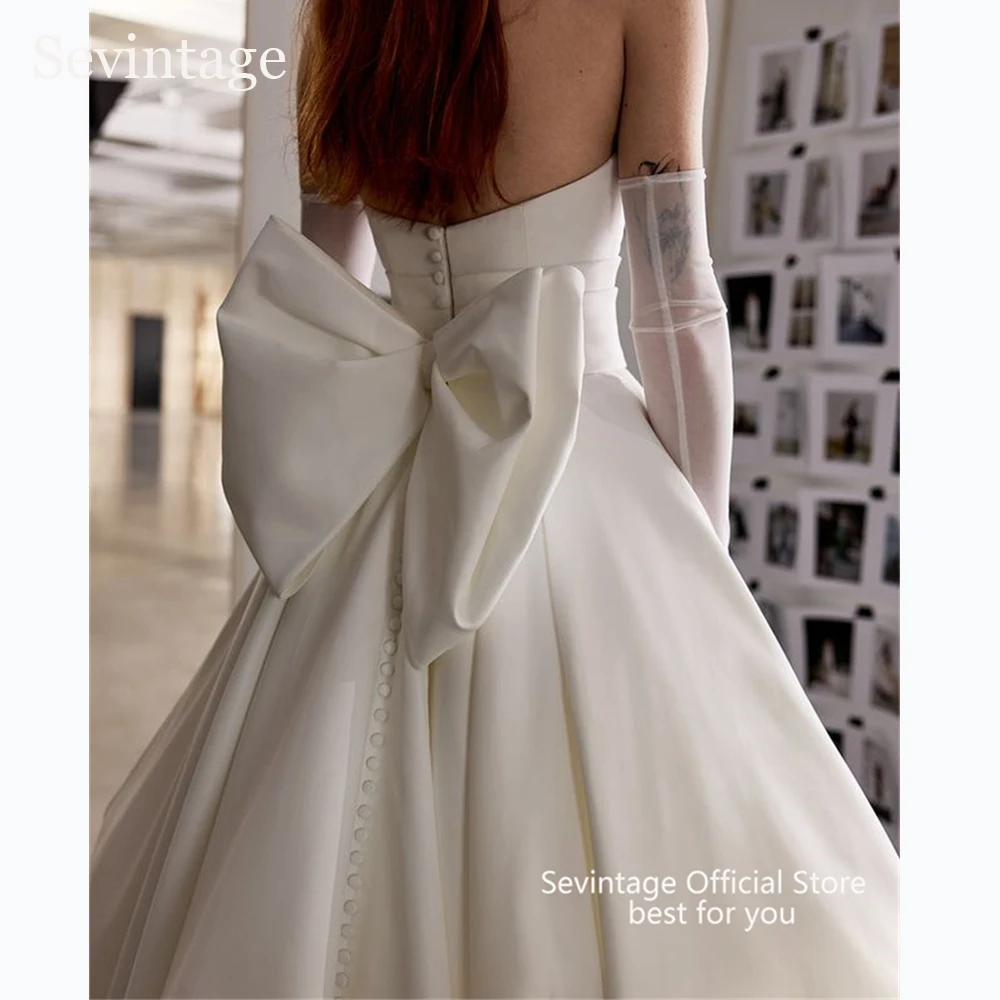 

Sevintage Princess Ivory Wedding Dresses Bow Train A-Line Bridal Gowns Sleeveless Crepe Button Back Wedding Gown 2025 Customized