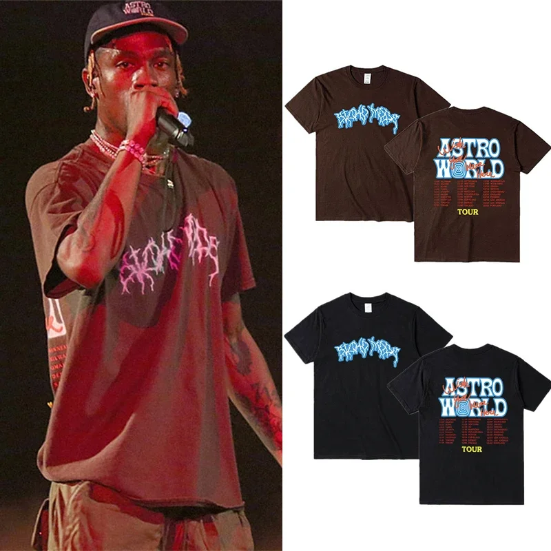 21ss Travis T Shirt Men Vintage Hiphop Cotton Streetwear Oversized Tee Tops Cactus Jack Lightning Brown