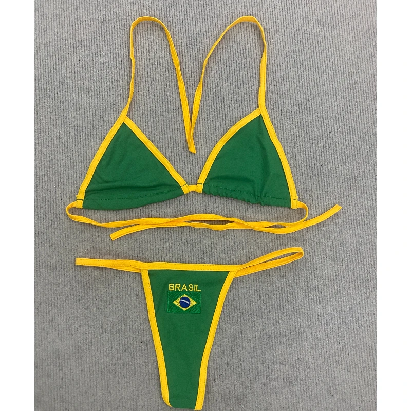 Women 2 Piece Triangle Bikini Set Tie Side Halter Top High Cut Thong Bottoms Embroidery Flag Beach Pool Vacation Summer Outfit