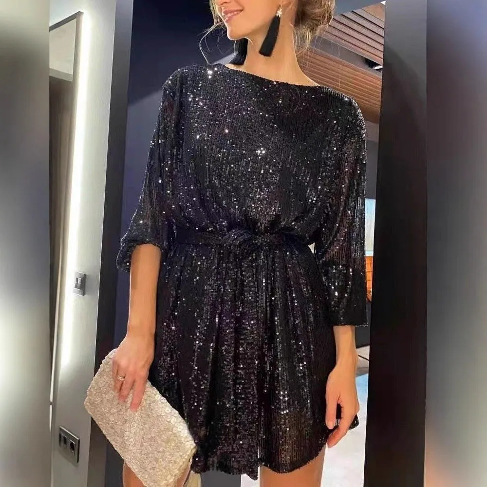 Sequin Sequined Gown Sweet Midi Length with Three Quarter Sleeve Mid Waist Foil Stamping Patchwork Design Dress for Women