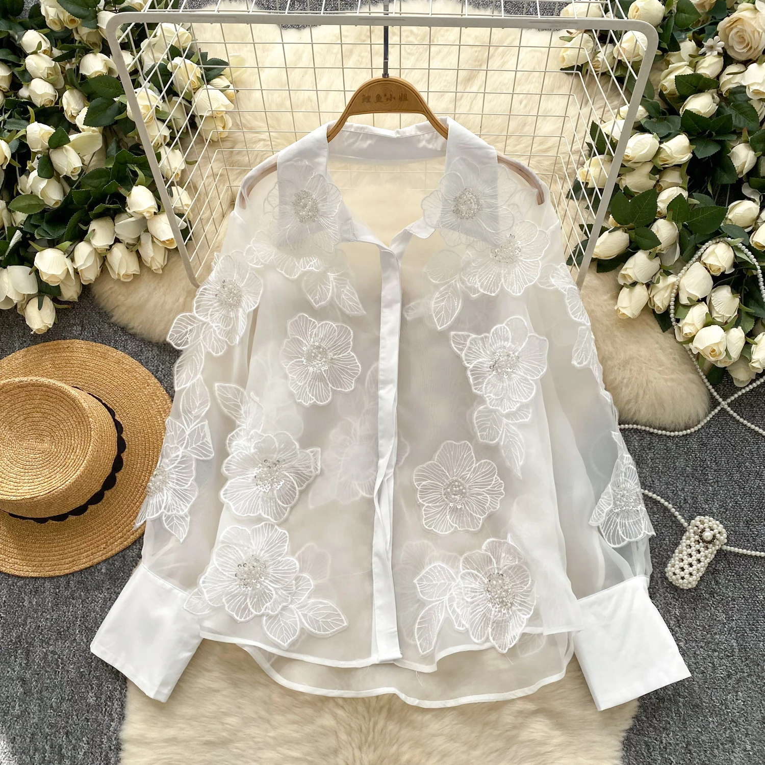 

SuperAen European and American Style Long-sleeved Shirt Women's 2025 Summer New Mesh Three-dimensional Flower Loose Shirts