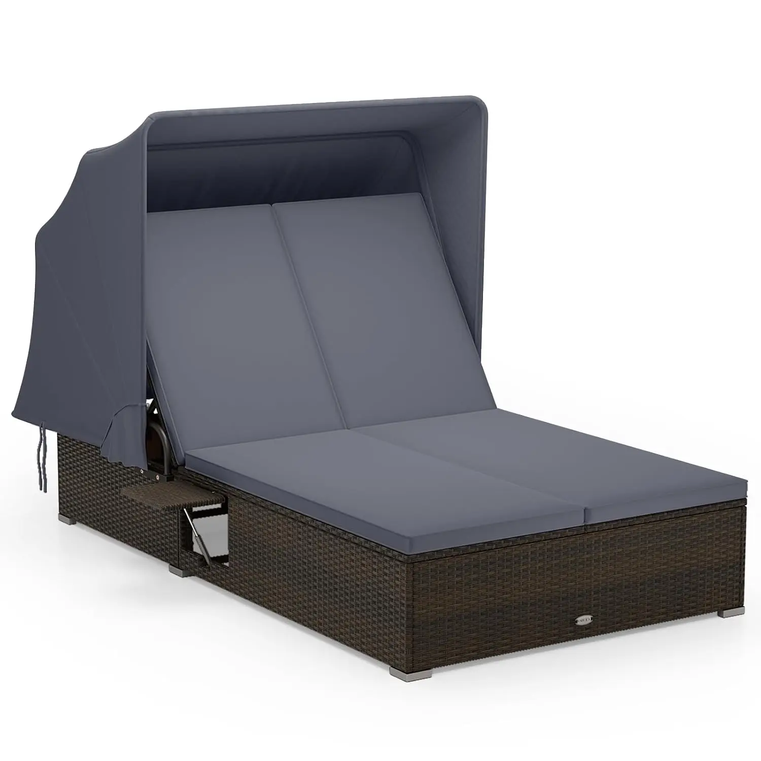 Outdoor Rattan Daybed with Canopy & 6-Level Adjustable Backrests, 2-Person Wicker Recliner Bed with Cushions & Folding Side Tray