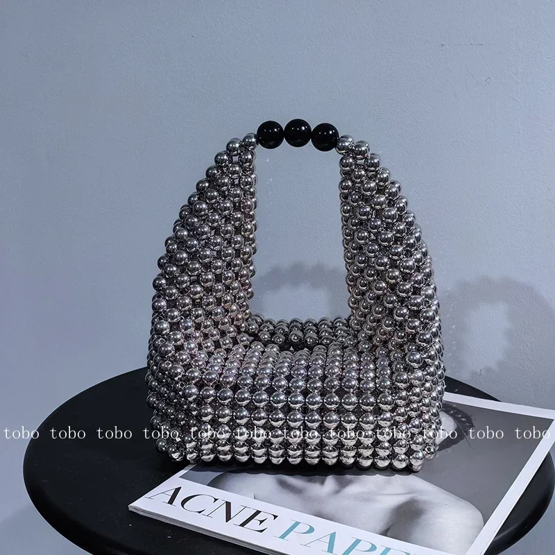 

Fantasy Handmade Silver Beaded Woven Handbag Wedding Large Hobos Ladies Handle Evening Party Box Handbags Original Purses