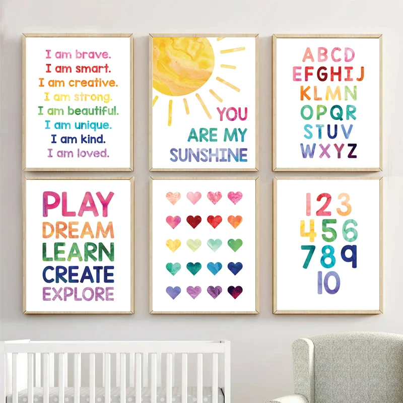 English Education Posters Alphabet Number Positive Quotes Wall Art Prints Canvas Painting Pictures Kids Bedroom Classroom Decor
