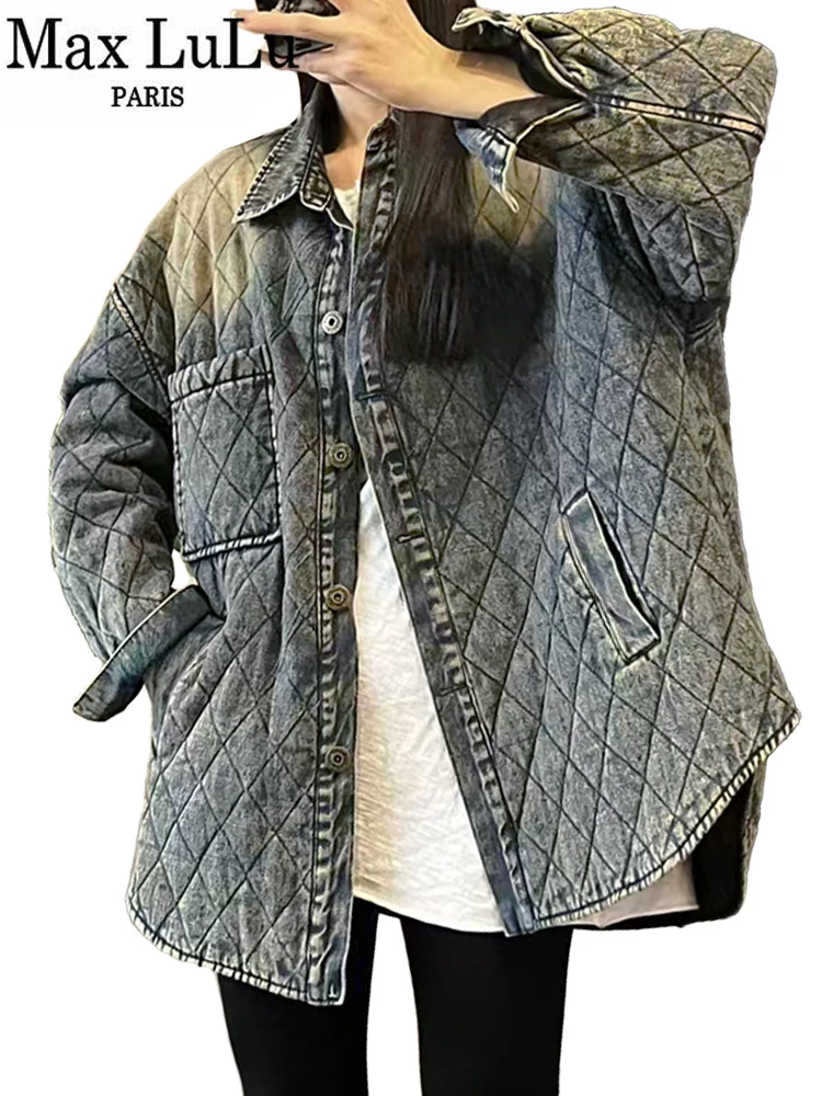 Max LuLu Winter Fashion Denim Parkas Womens Loose Warm Quilted Jackets Ladies Casual Vintage Thicken Plaid Coats Cotton Clothes