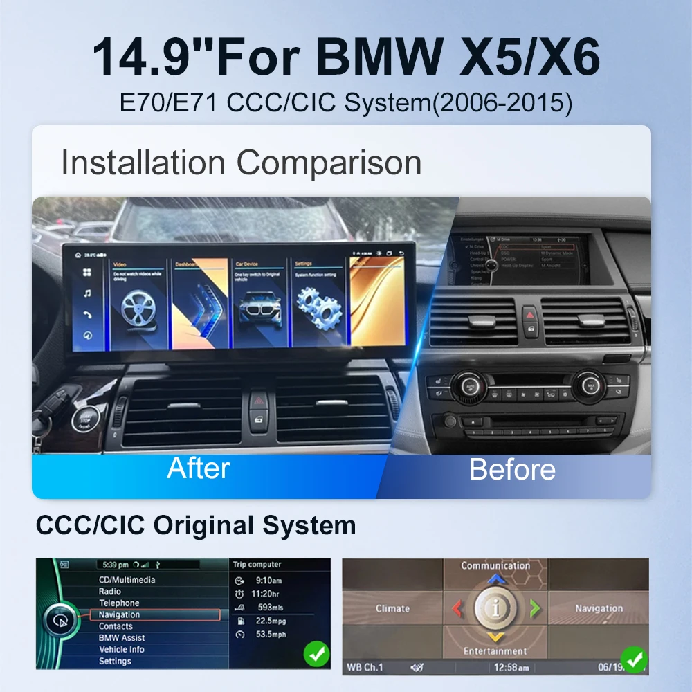 14.9 inch Car Radio For BMW E70 E71 X5 X6 CCC CIC CarPlay Android 13 Auto Multimedia Player Head Unit Screen ID8 DSP Navigation