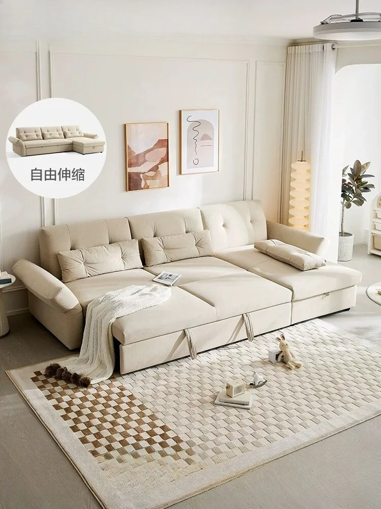 Modern simple folding dual-purpose fabric sofa bed can be stored, large apartment in the living room, cream wind