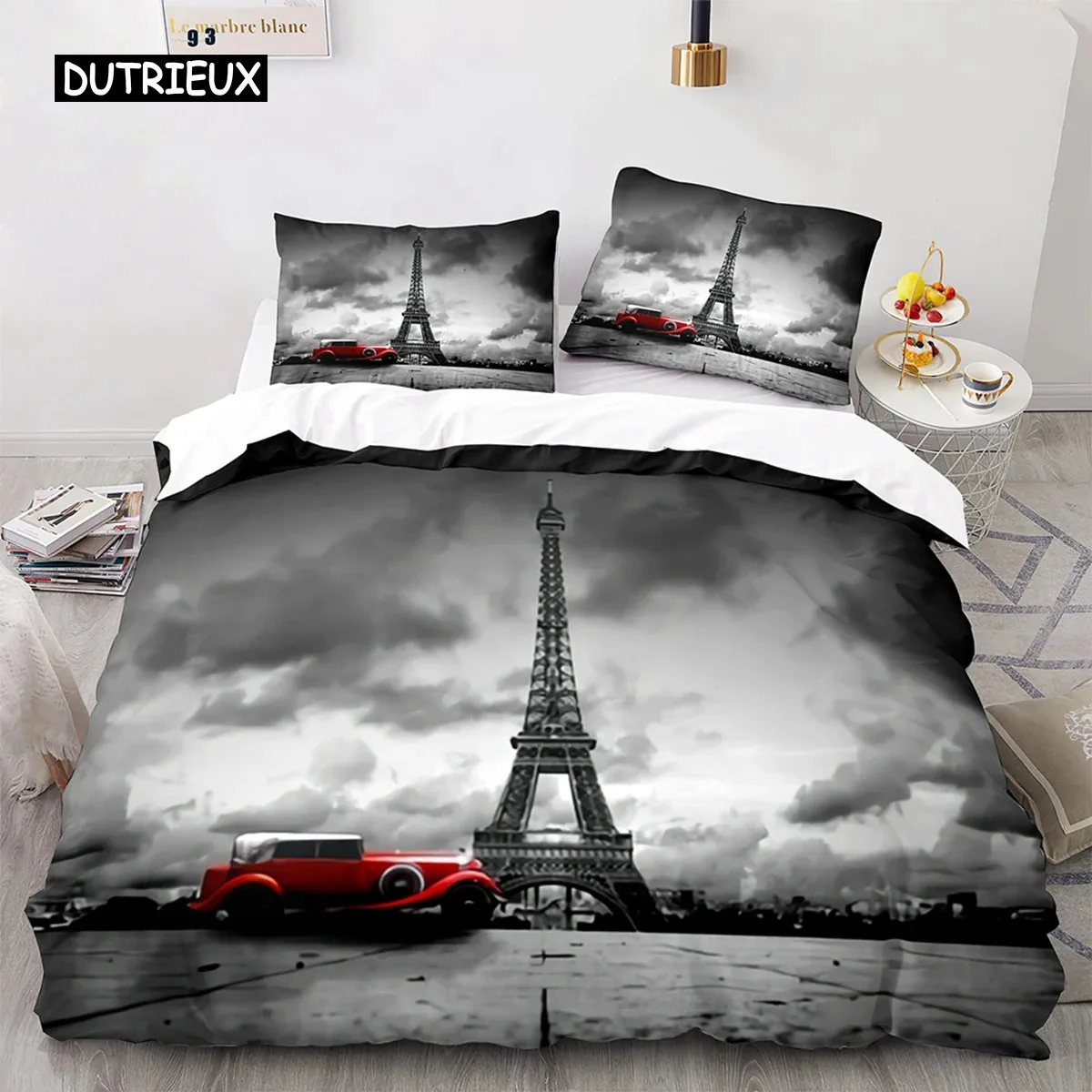 Eiffel Tower Duvet Cover Paris France Bedding Set Retro Red Truck Quilt Cover City Building Automobile Polyester Comforter Cover