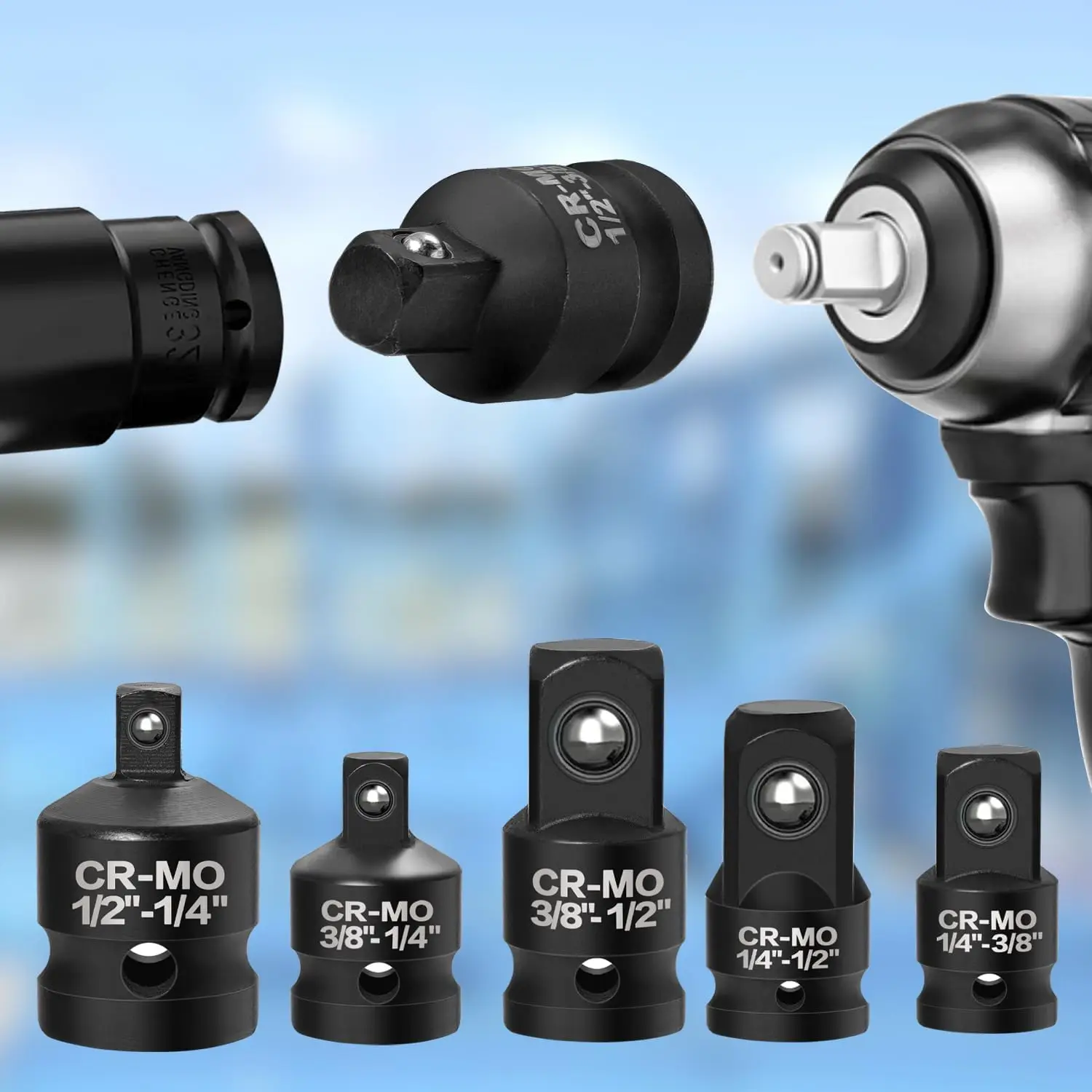 6個入りインパクトソケットアダプターセット 1/4インチ 3/8インチ 1/2インチ クロムバナジウム鋼 ラチェットキット (ブラック)