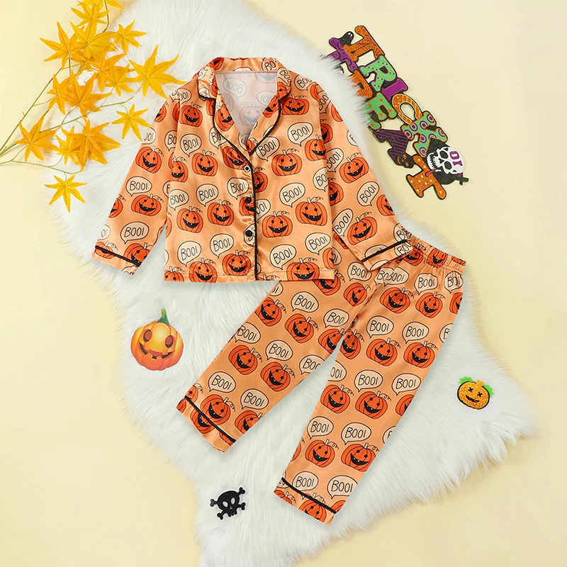 Kid Girls Boys Halloween Pajamas Set Pumpkin Print Long Sleeve Button-Down Tops Long Pants Autumn 2 Pieces Lounge Suit Sleepwear