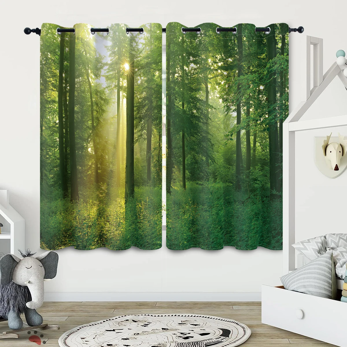 2PC high blackout perforated curtains, double-sided matte, bedroom, balcony, living room, fresh green forest print