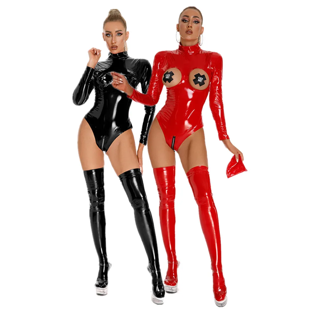 Sexy Wetlook Wetlook PVC Leather Hollow Out Erotic Teddy Lingerie Shiny Latex Long Sleeve Zipper Open Crotch Catsuit Fetish Exot