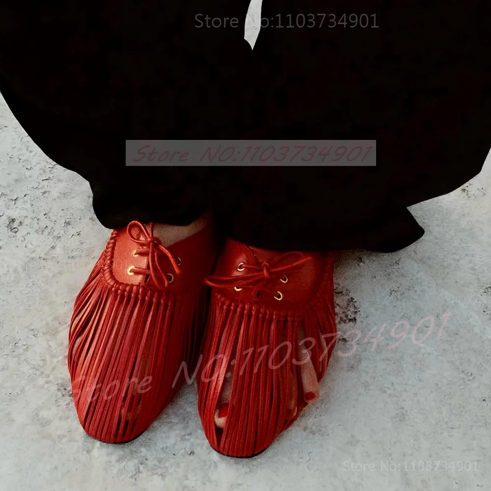 Weave Cage Cutout Flat Shoes Women Red Round Toe Lace-Up Ballet Shoes Summer Fashion Casual Flats