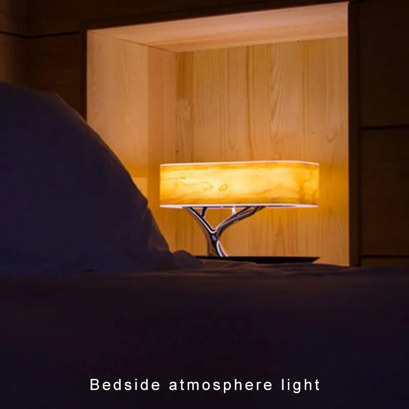 Lampu meja Hometree multifungsi, lampu meja kamar tidur kayu dengan Speaker, lampu malam pengisian daya nirkabel