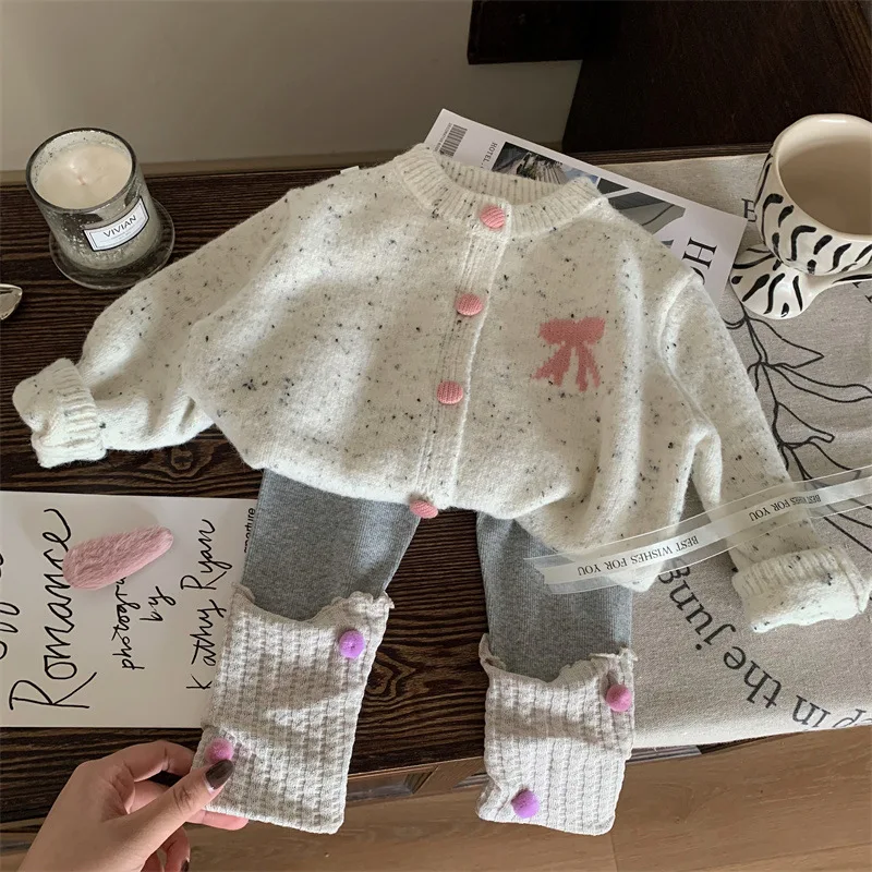 Korean Version of Children's Clothing 2025 New Autumn Girls Bow Knitted Sweater Cardigan Stacking Socks Leggings Two-piece Set