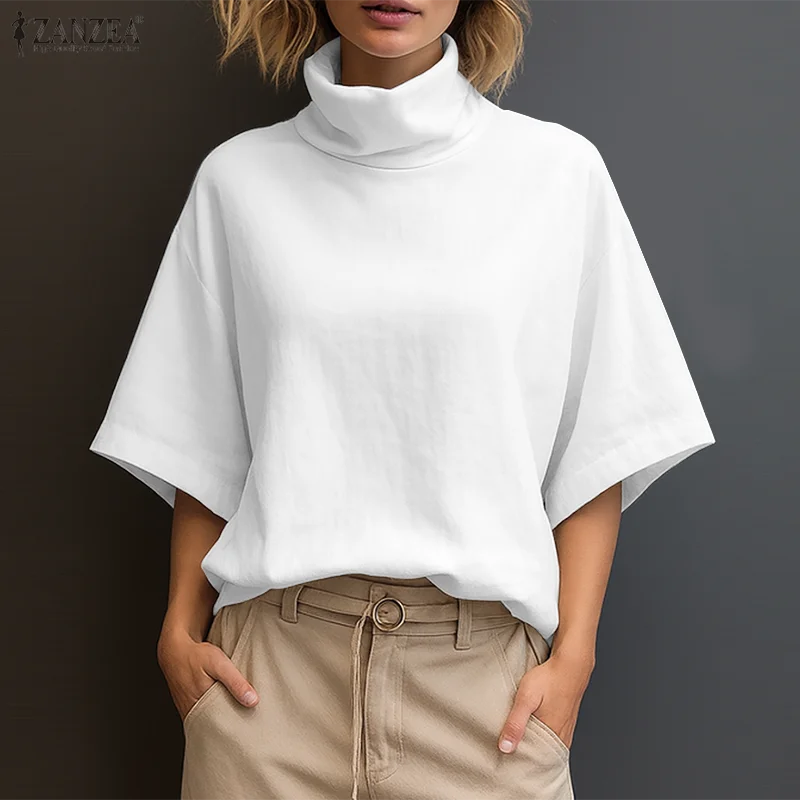 Stylish Women Blouse 2025 ZANZEA Summer Office Shirt Elegant Solid OL Work Tunic Tops Turtleneck Half Sleeve Blusas Mujer Femme