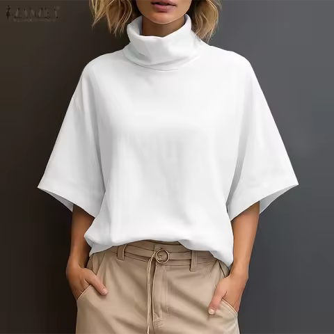 Blusa Feminina Elegante 2025 ZANZEA Camisa de Verão para Escritório Túnica Sólida OL Blusas de Trabalho Gola Alta Meia Manga Blusas Femininas