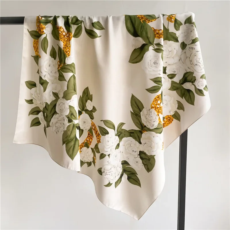 

Модные шелковые платки из твила для женщин, с цветочным принтом, большие квадратные шарфы-хиджабы, шали, банданы, головные платки 90 см
