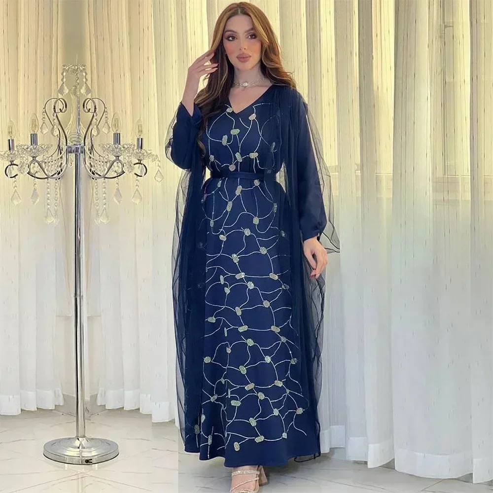 Mesh Yarn Diamonds Evening Dress with Belt Eid Muslim Women Abaya V-neck Party Gown Fashion Kaftan Islam Arab Clothing Fake 2pcs